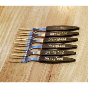 Vtg Disneyland Mini Appetizer Forks Set Of Six Plastic Woodgrain Handle Golden